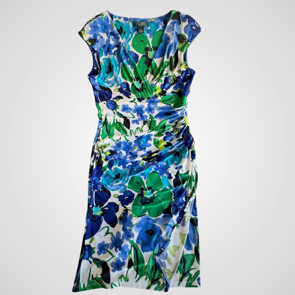 Lauren Ralph Lauren Blue Green Floral Ruched V-Neck Sheath Dress Size 10